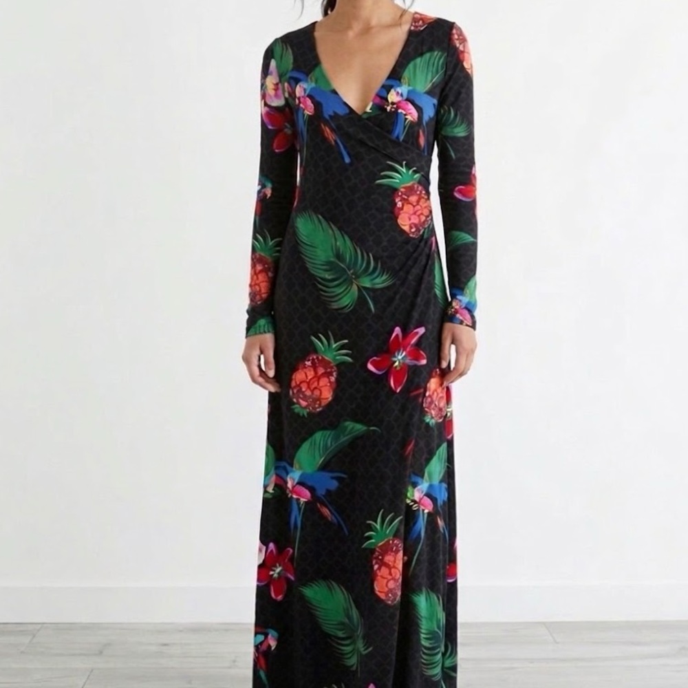Soft Surroundings Black Floral Tropical Long Sleeve Stretchy Maxi Dress Medium
